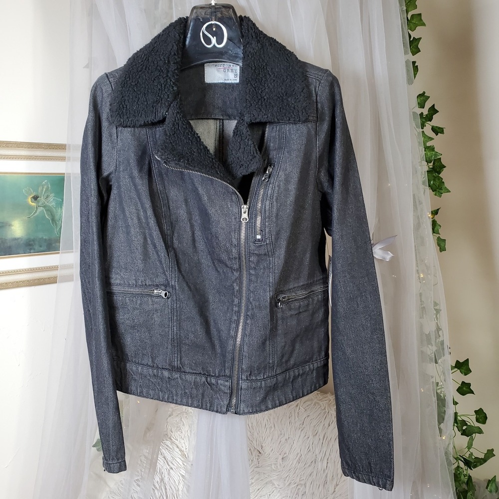 Ruff Hewn Jean Denim Jacket Womens Sz S Dark Gray Pockets Faux Fur NWT Moto $119
